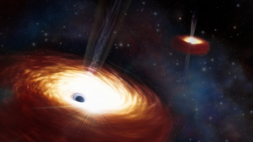 Artist's impression of supermassive black holes (courtesy of NOIRLab/NSF/AURA/J. daSilva/M. Zamani)