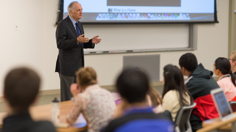 Alan Alda speaking to students