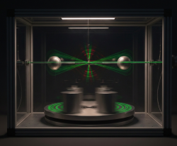 Pictorial view of the dynamical torsion balance experiment proposed by Onofrio, Smith, and Viola. Image created by Alexander Smith with Gemini AI.