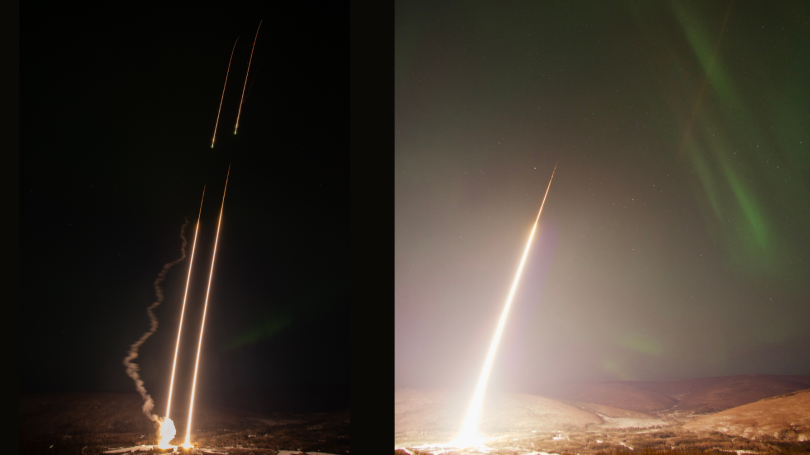 Composite image of both GNEISS rocket launches and the BADASS rocket launch.