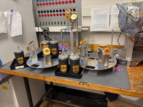 The full assembly of PIPs in Lynch's lab at Dartmouth. PIPs measure the flow of ions in the ionosphere, and are able to determine ion density and temperature.