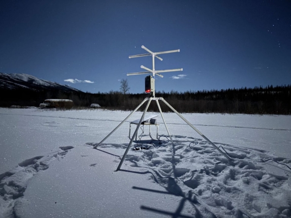 Radio receiver deployed in the snow of Coldfoot Alaska.